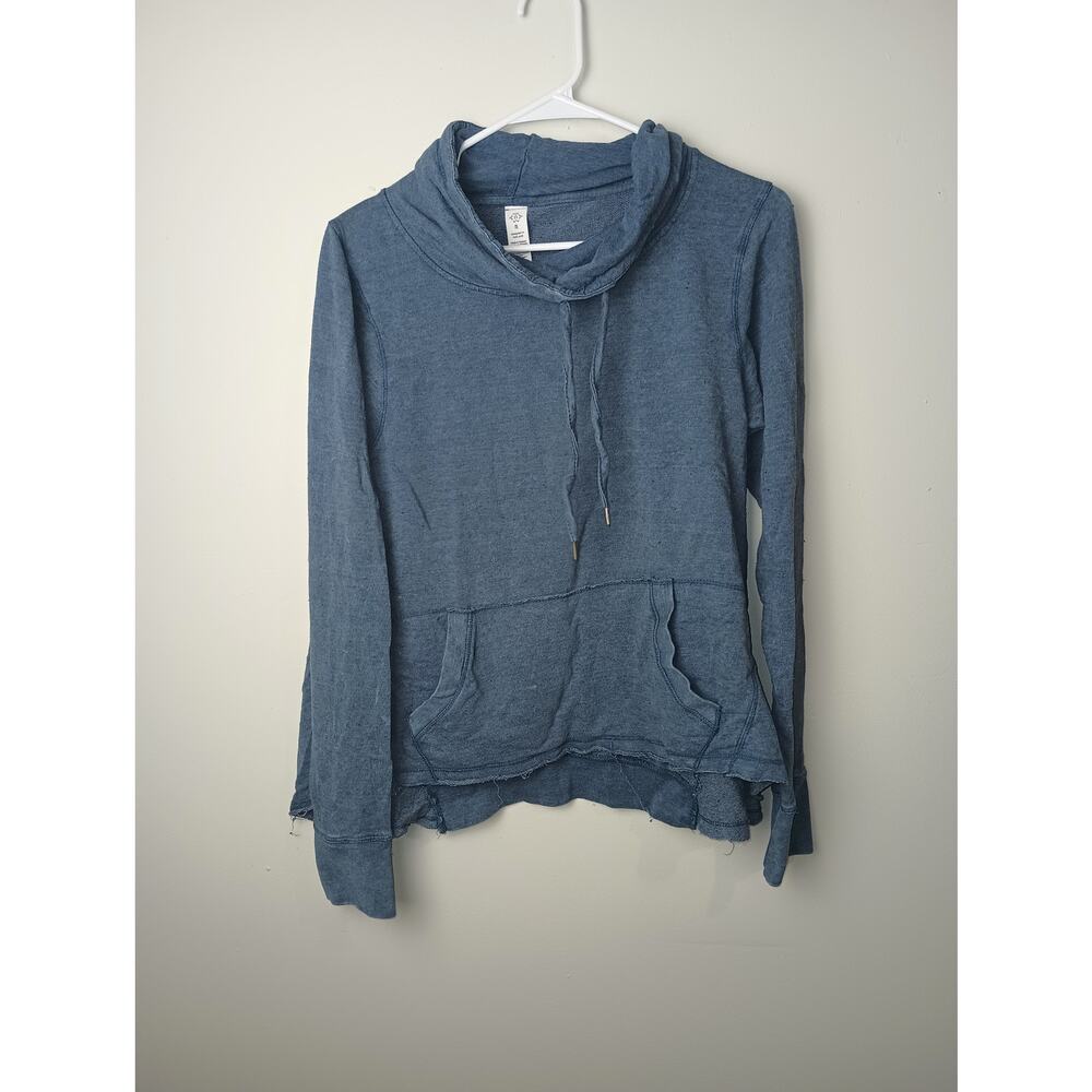 Women Blue Distressed Cowl Neck Pull Over Hoodie Sweatshirt Women Small Pocket‎
